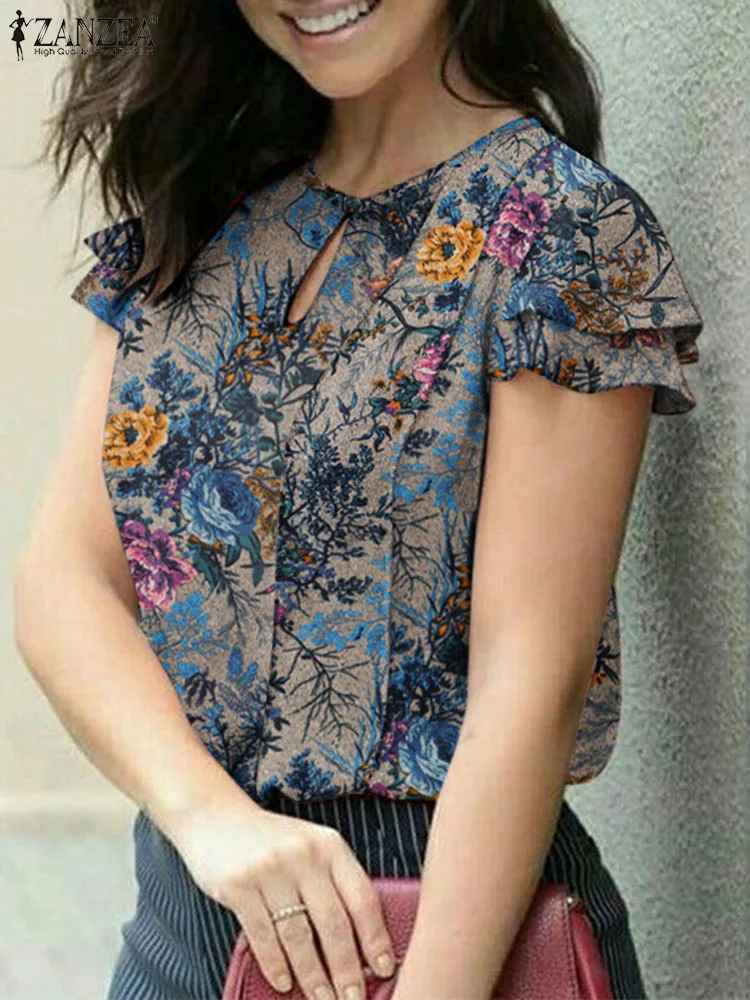 

ZANZEA Fashion OL Work Blusas Bohemain Floral Printed Blouse Short Sleeve O-Neck Tops Woman Casual Party Chemise Oversize 2024