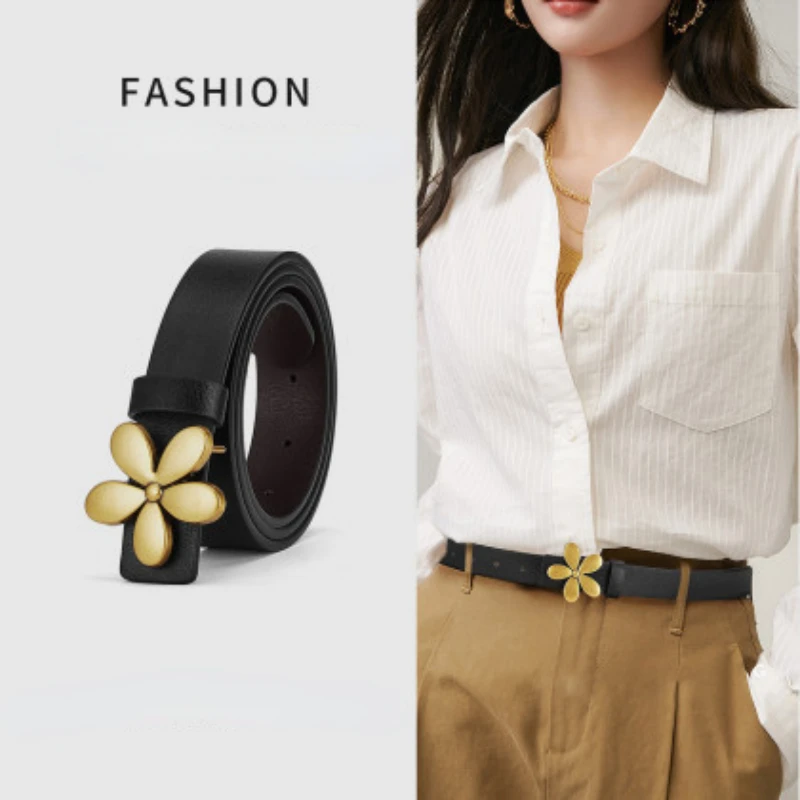 

New Double-sided Leather Belt for Women Small Fresh Classic Casual Jeans Accessories Flower Buckle Retro Metal Belts Summer