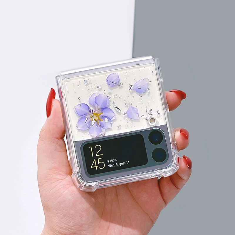 

Silver foil glitter powder flower suitable for Samsung zflip4 mobile phone case transparent soft case Galaxy zflip3 phone cases