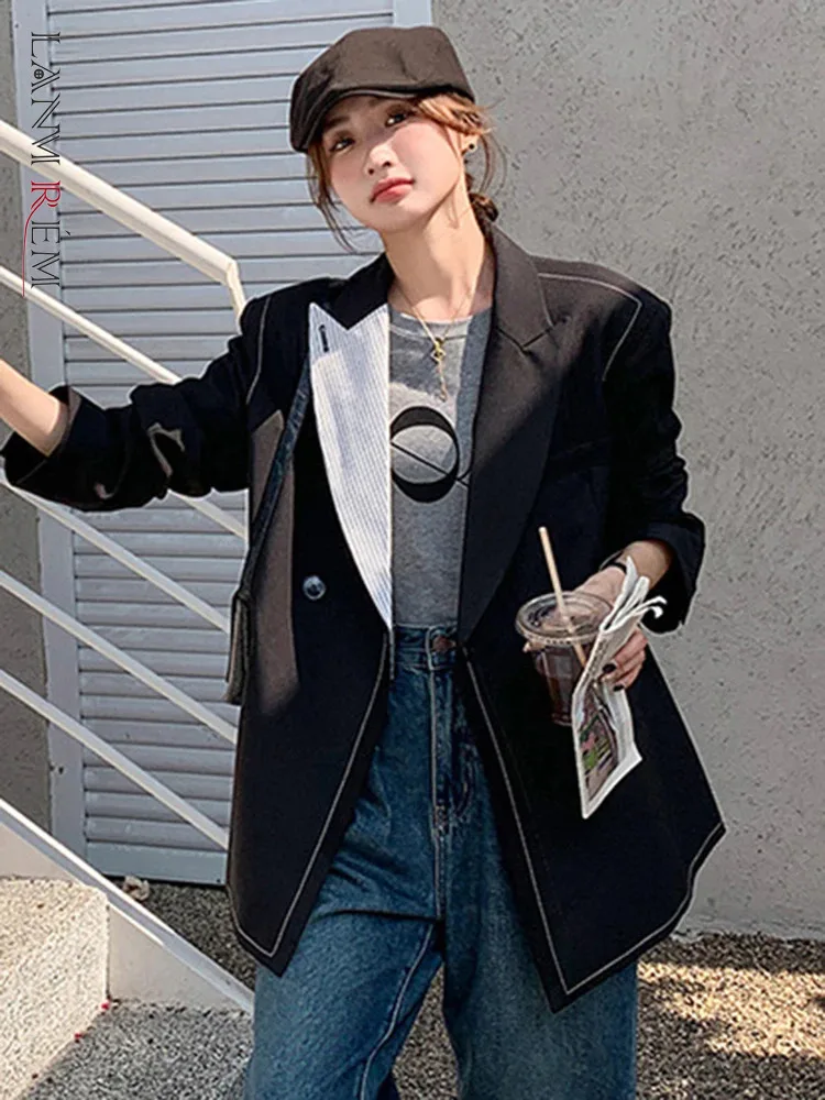 

LANMREM Fashion Contrast Color Blazer Women Notched Long Sleeves Double Breasted Coat Korean Style 2024 Spring New 2AA3107