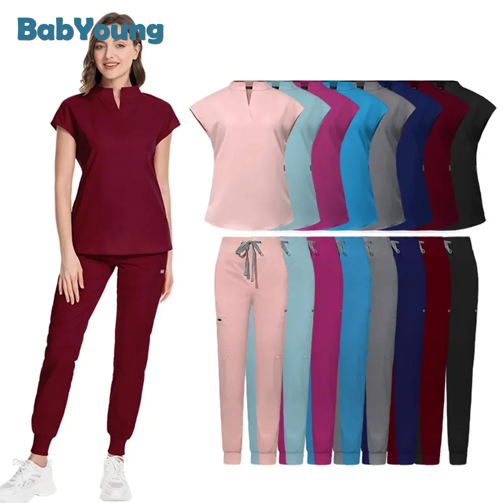 

Scrubs Set For Women Pet Hospital Uniform Set Scrub Suits Solid Color Unisex Surgical Gown Pocket V-neck Joggers Wholesale Price