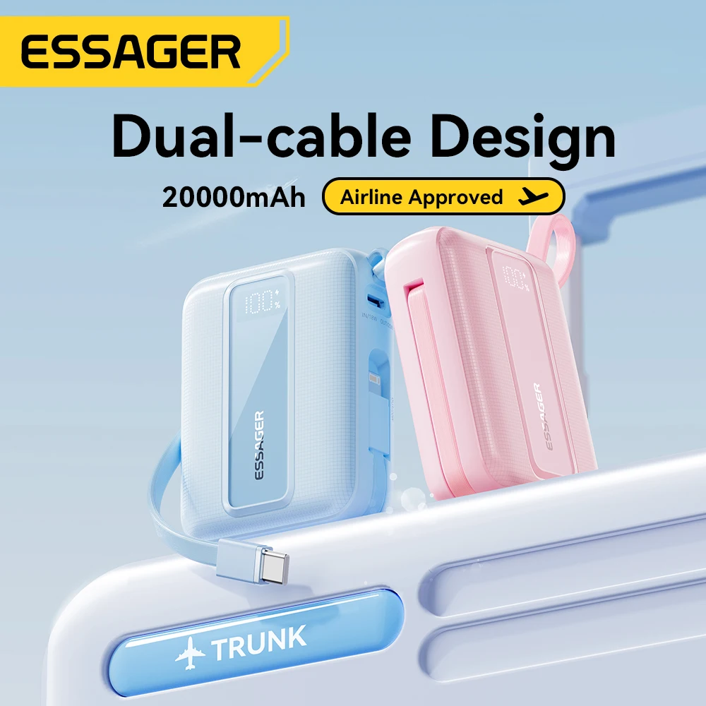 Essager 20000mAh Type C Cable Power Bank PD 22.5W Fast Charging Phone External Battery for Xiaomi iPhone 17 16 15 Samsung iPad