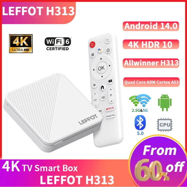 YUETUO LEFFOT H313 Smart TV Box Wifi6 BT RK3518 Android 14 4K HD 2GB 16GB Dual Google Voice Assistant Media Player Set Top Box