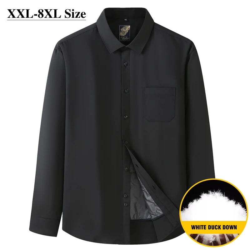 

Oversize 5XL 6XL 7XL 8XL Winter Warm Down Shirt Men Business Casual Thickening Long Sleeve Black Shirt Social Shirt Male