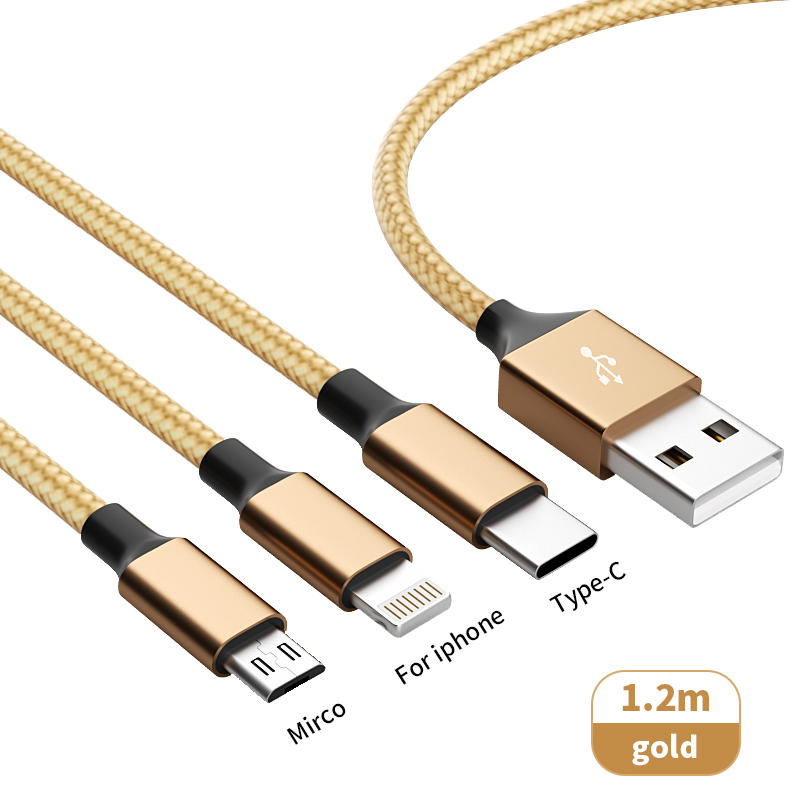3 In 1 Glod Fast Charging USB cable Type C Usb Micro For Iphone Samsung Huawei Xiaomi Multi Port Multiple Charging Wire Line