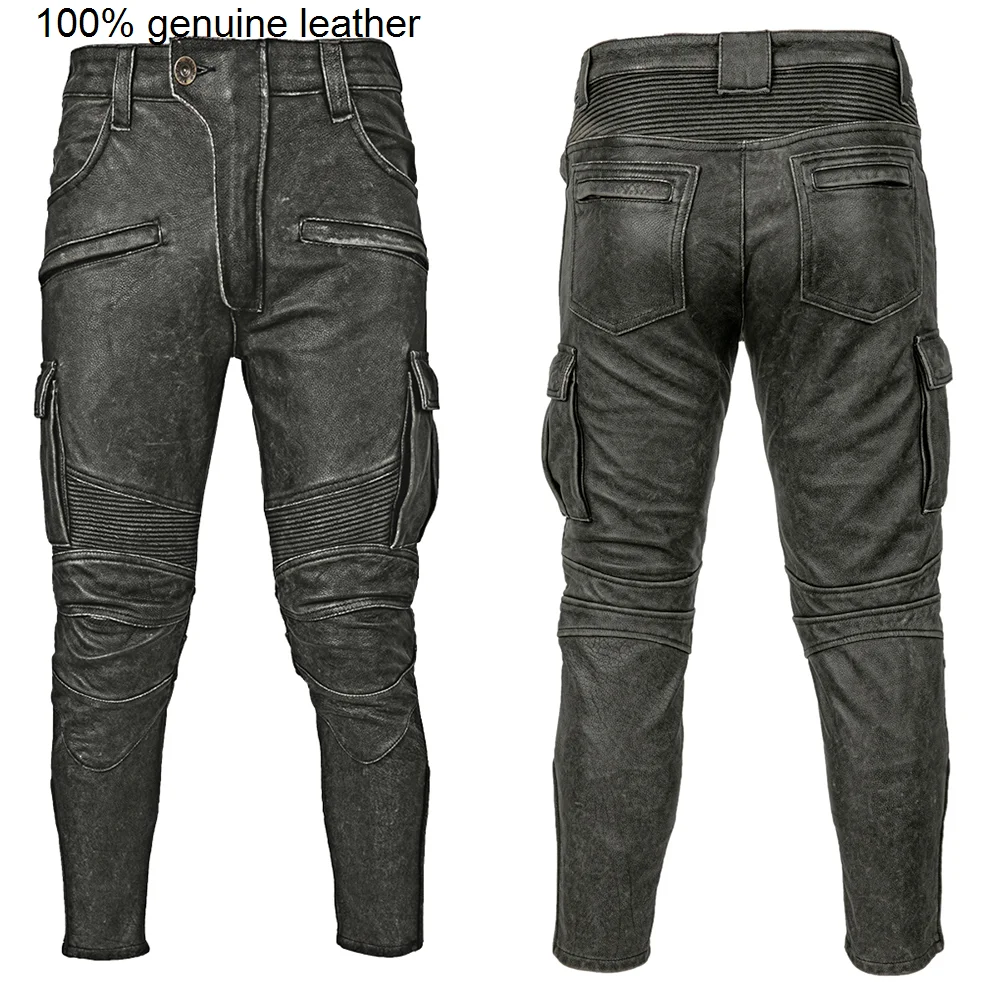 

Trousers Vintage Grey Black Motorcycle Men Leather Pant Thick Natural Cowhide Men's Motor Biker Racer Pants Asian Size