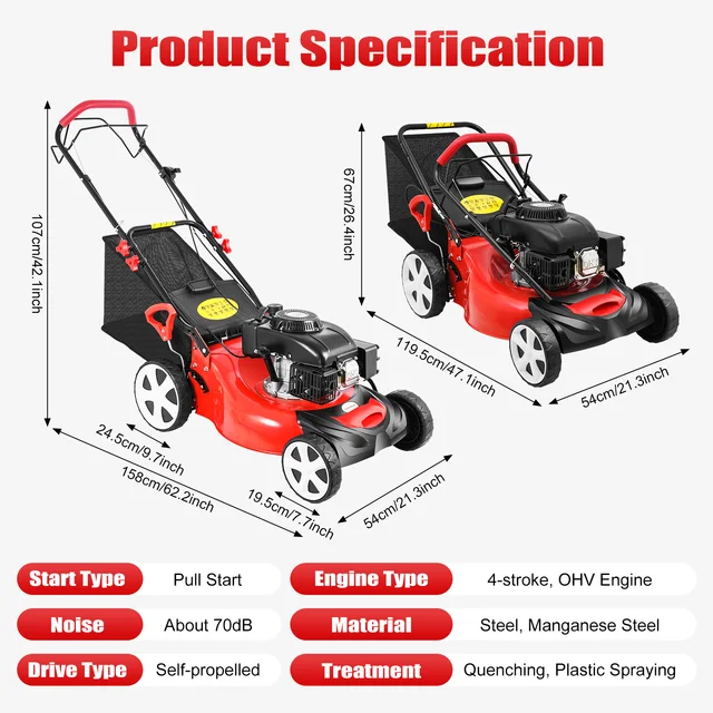 Self-Propelled Gas Lawn Mower 5HP 140CC, 20 Inch Cutting Width with 60L Grass Bag, 8 Height Adjustable 4-Stroke Engine 6 Self-Propelled Gas Lawn Mower 5HP 140CC, 20 Inch Cutting Width with 60L Grass Bag, 8 Height Adjustable 4-Stroke Engine 6