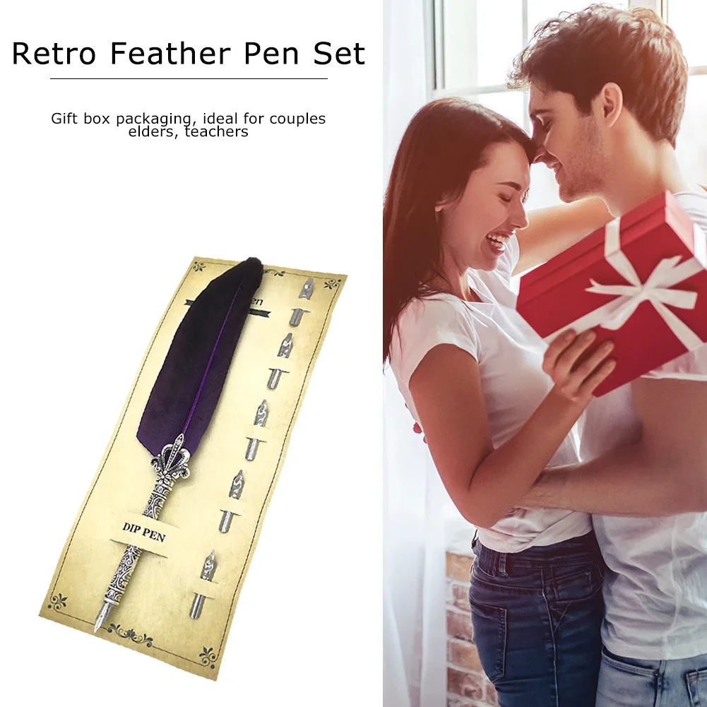 1 Set Vintage Feather Pen with 5 Pen-Nibs Oblique Pen Set Retro Calligraphy Feather Dip Pen Creative Birthday Holiday Gift Set