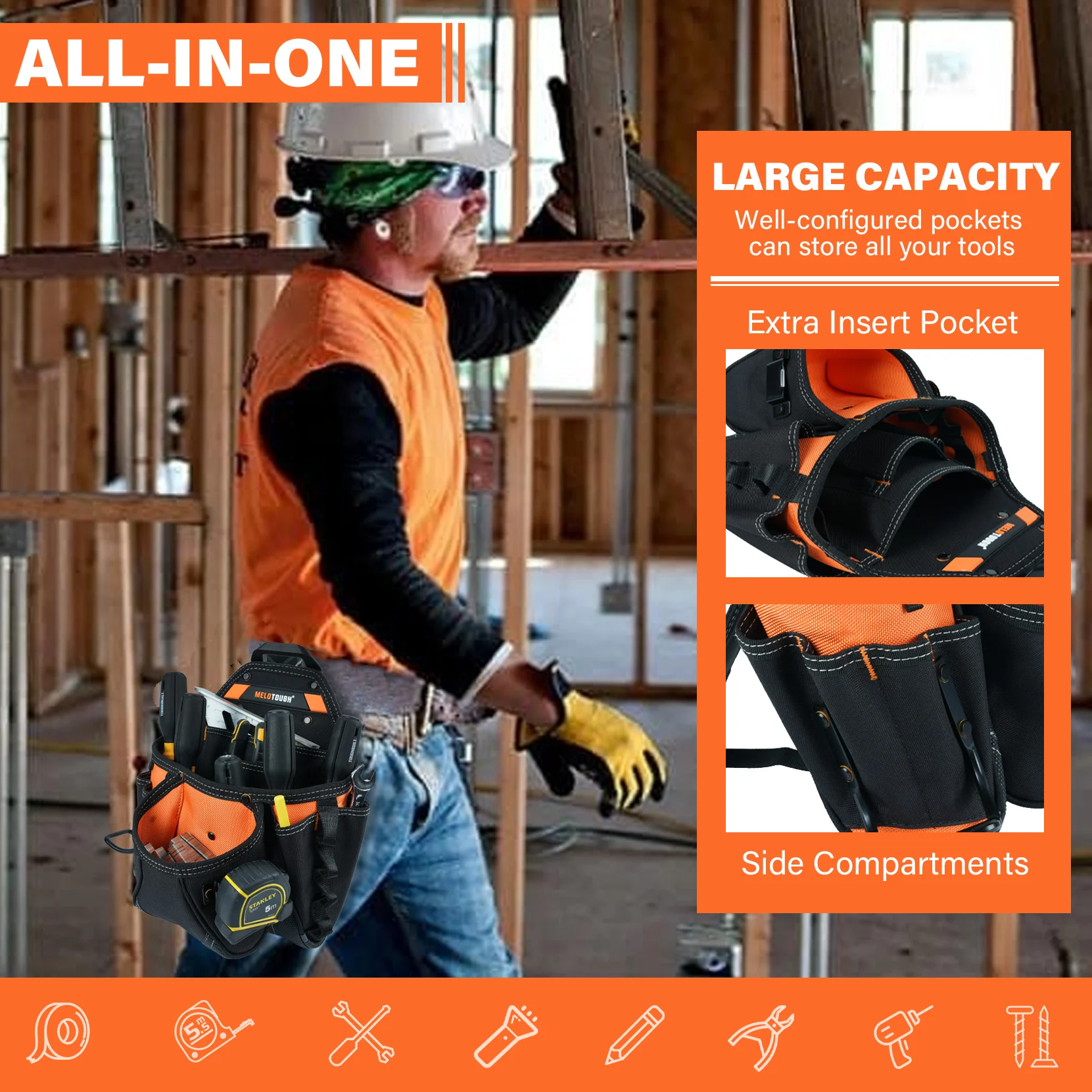 Contractor's Tool Pouch Electrician's Tool Pouch Nail ScrewWork Framer's Tool Belt Pouch with Hammer Ring Clip Utility Organizer 6