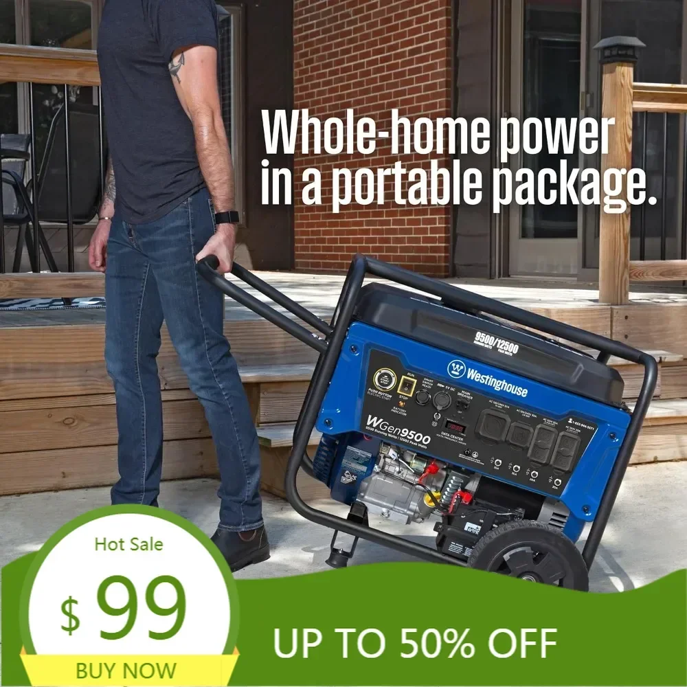 outdoor power equipment 12500 peak watt home backup portable generator, remote electric start with auto choke, transfer switch