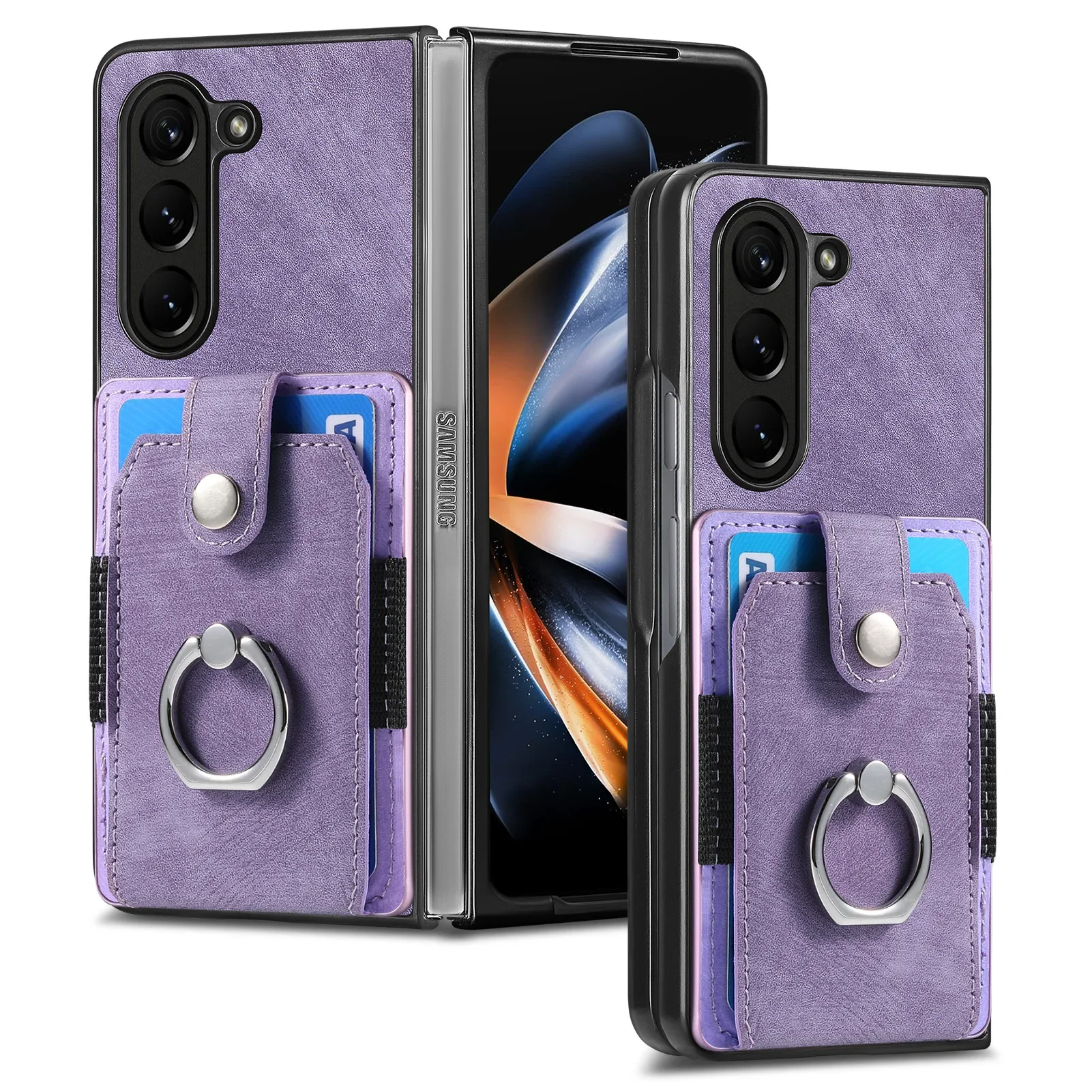 Retro Leather Ring Wallet Phone Case with Card Holder and Protective Cover