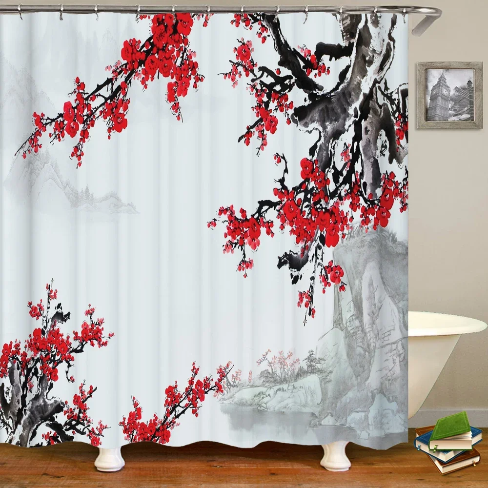 

Ink painting plum flower landscape printing bathroom shower curtain polyester waterproof home decoration curtain with hook