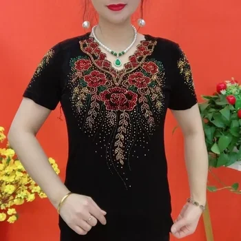 Summer 2025 Women's Loose Short Sleeve T-Shirt round Neck Top Outerwear Mommy Clothes Fashionable Casual Polyester Fiber 1