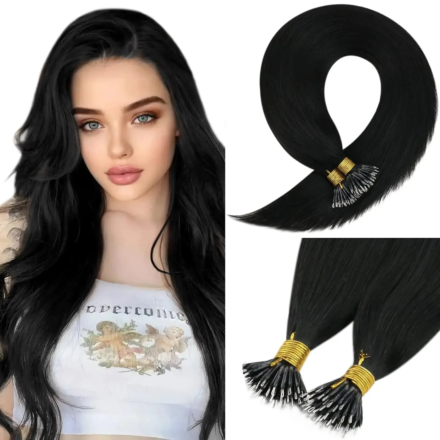 Black Nano Tip Hair Extensions Remy Nano Ring Hair Extensions Jet Black 1B Pre Bonded Nano Ring