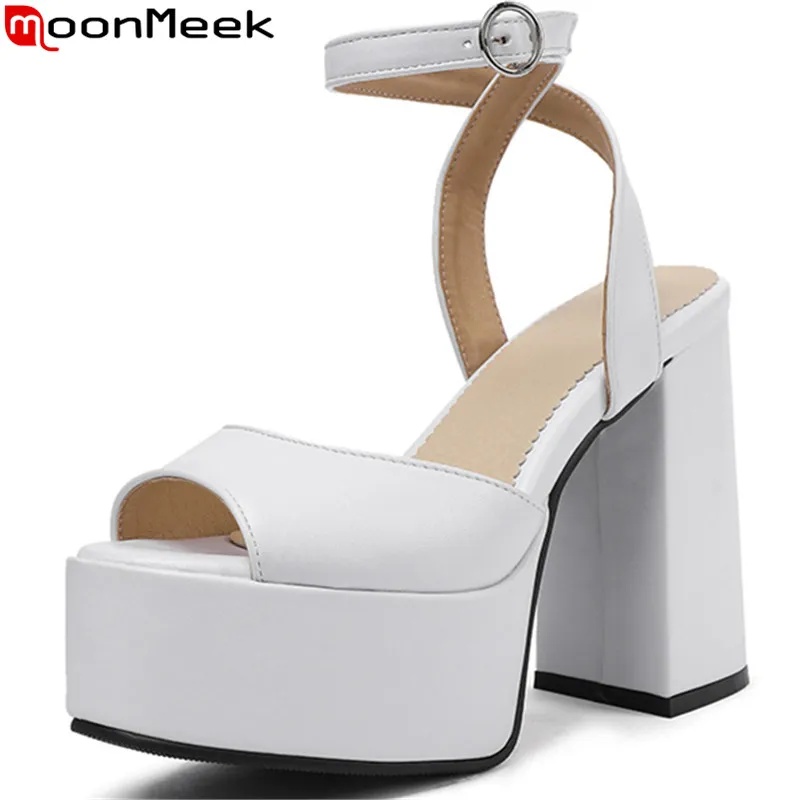 

MoonMeek 2022 Size 34-43 New Buckle Pu Sandals Woman Peep Toe Thick High Heels Platform Shoes Ladies Summer Dress Shoes