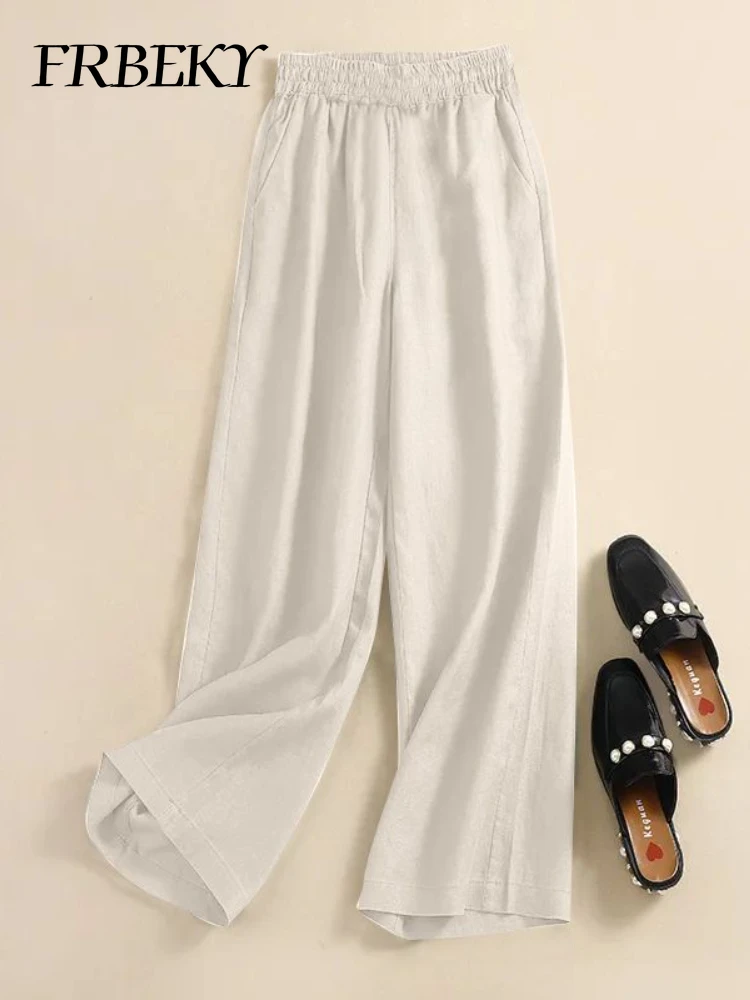 Damenhose, Sommer, Baumwolle, Leinen, weitbeinig, elastische Taille, Krawatte, Freizeithose, lockere, vielseitige, gerade Hose mit hoher Taille