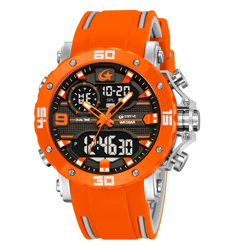 STRYVE Men's Military-Style Waterproof Quartz Watch with LED Dual Display and Alarm