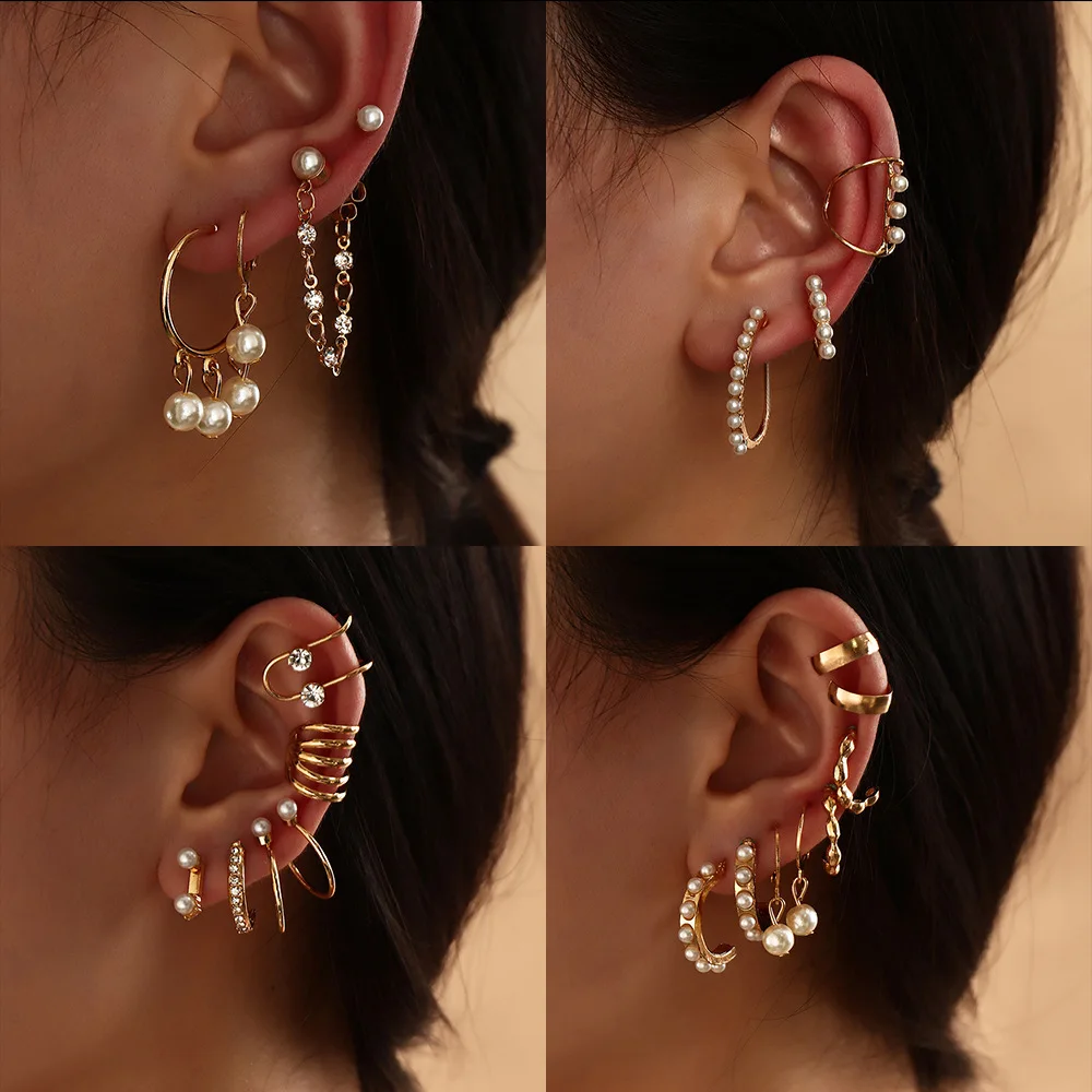 Pearl Ear Cuff Simple Geometry Clip Earrings Dot Chain Zircon Piercing Jewelry Stainless Steel Earring Elegant Women |
