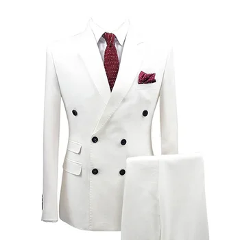 2 Pieces White Men's Slim Fit Suit Double Breasted Peak Lapel Blazer Solid Color Formal Dress for Wedding/Business Party Prom 1