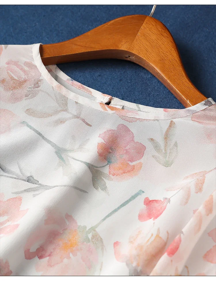 Chiffon Vintage Women's Shirt Summer Prints Blouses Loose Fit Short Sleeve Women Tops O-necks Fashion Clothing 2024 Korean
