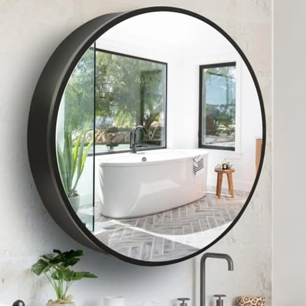 Metal Framed Round Mirror Bathroom Medicine Cabinet Storage Cabinet