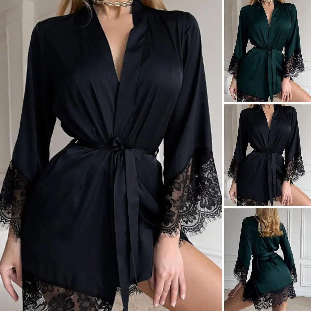 Women Sexy Silk Kimono Satin Dressing Gown Bath Robe Lace Lingerie Nightdress Nighties V-neck Nightdress Nightwear Nightshirt