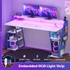 Gaming Table 55'' with LED Light and Storage Shelves, Computer Table with Monitor Stand, Power Outlets and Pegboard, White/Blue 5