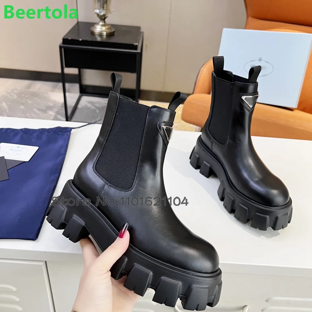 

Thick Sole Round Toe Luxury Design Boots 2023 Winter New Slip-on Real Leather Ankle High Elegant Fashion All-match Chelsea Boots