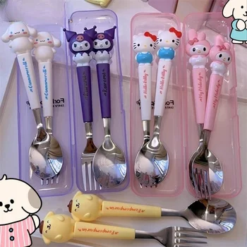 New Kuromi Hello Kitty Cinnamoroll Spoon Fork 2 Pcs Set Stainless Steel Cartoon Cute Kid Tableware Kitchen Supplies Gift 1