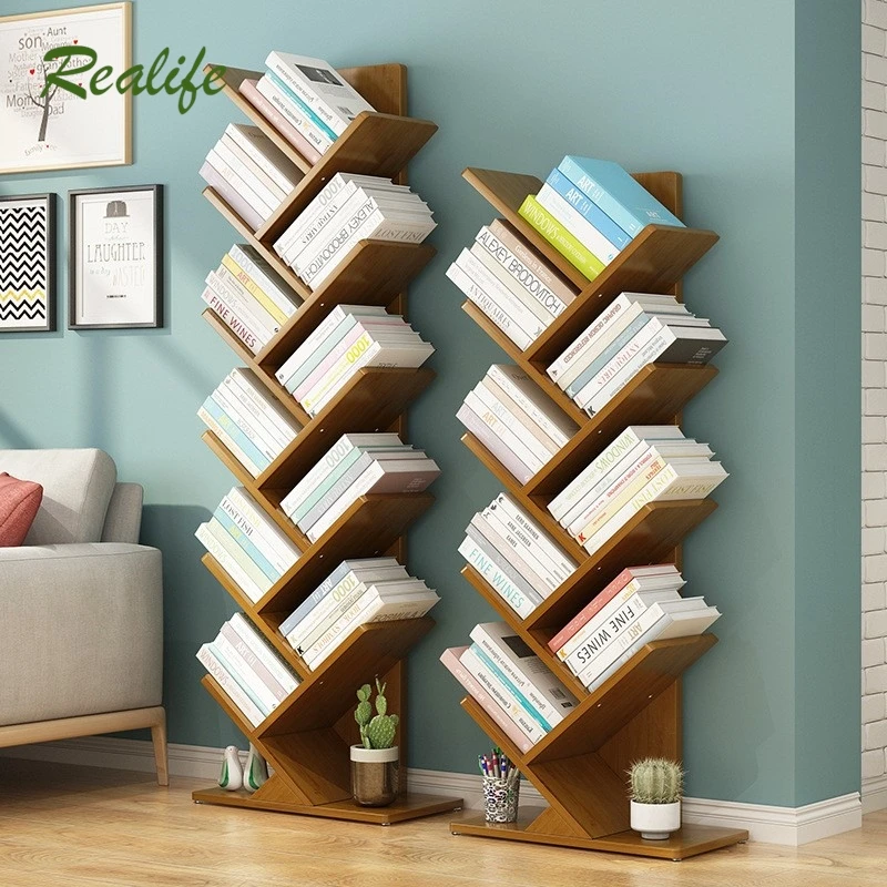 Realife Solid Wood Floor Standing Bookshelf Multi-layer Shelf Space Saving Storage Shelf Living Room Tree Shaped Bookshelf