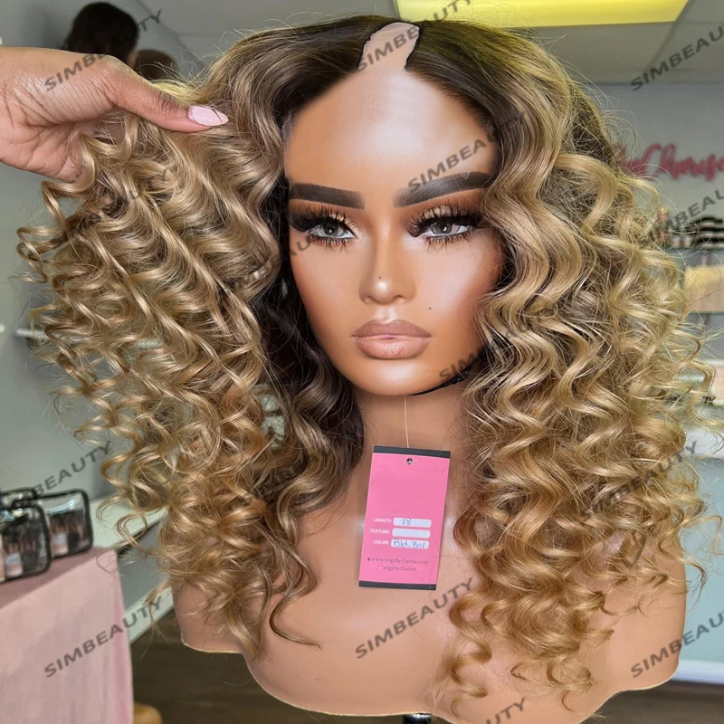 

Indian Remy Human Hair 1x4 Opening U Part Wigs for Black Women Thick 250Density Glueless Ombre Honey Brown Deep Curly V Part Wig