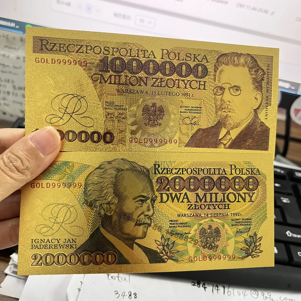 2types Gold plated Poland Banknotes 1000000 2000000 PLN dollars Polish 1million 2 million bills for Partriotism Collection gold plated banknote world original notes commemorative banknotes