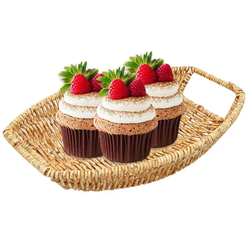 Decorative Rattan Basket Trays with Handles Portable Bread Tray