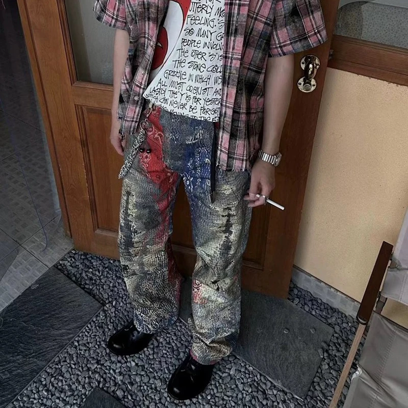 Vintage Distressed Wshed Baggy Ripped Red Patchwork Baggy