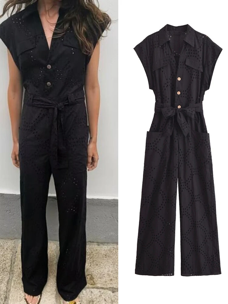 

Женский винтажный комбинезон с вышивкой, элегантный однотонный комбинезон с V-образным вырезом, одежда для улицы, лето 2024