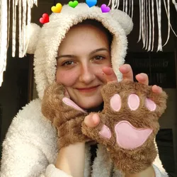 New Fashion Girls Cute Cat Claw Plush Mittens Warm Soft Plush Short Fingerless Women Leisure Bear Cat Gloves Half Finger Gifts