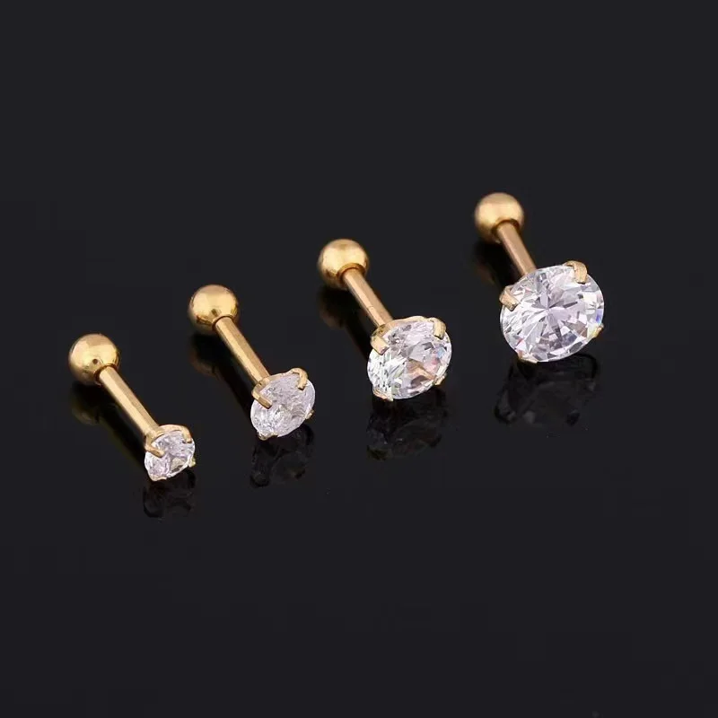 Close-up of large geometric crystal stud earring