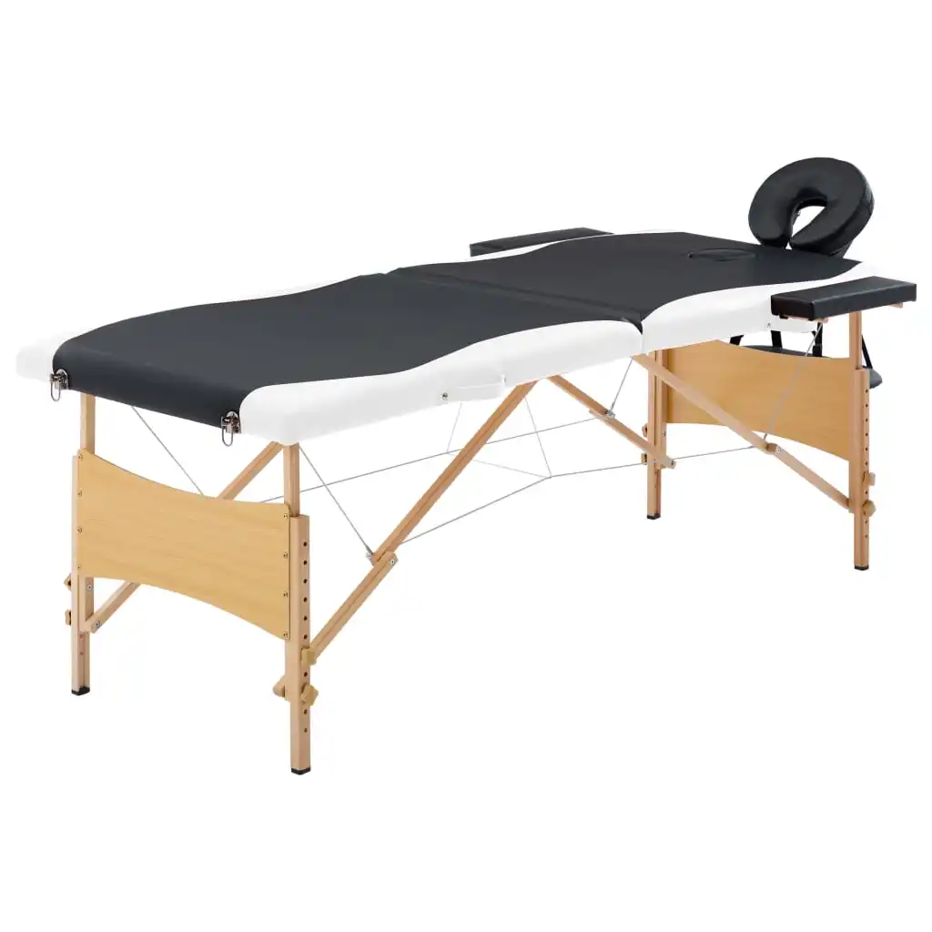 Mesa de masaje portátil de madera, mesa de masaje plegable ergonómica, cama facial profesional, 2 zonas, blanco y negro
