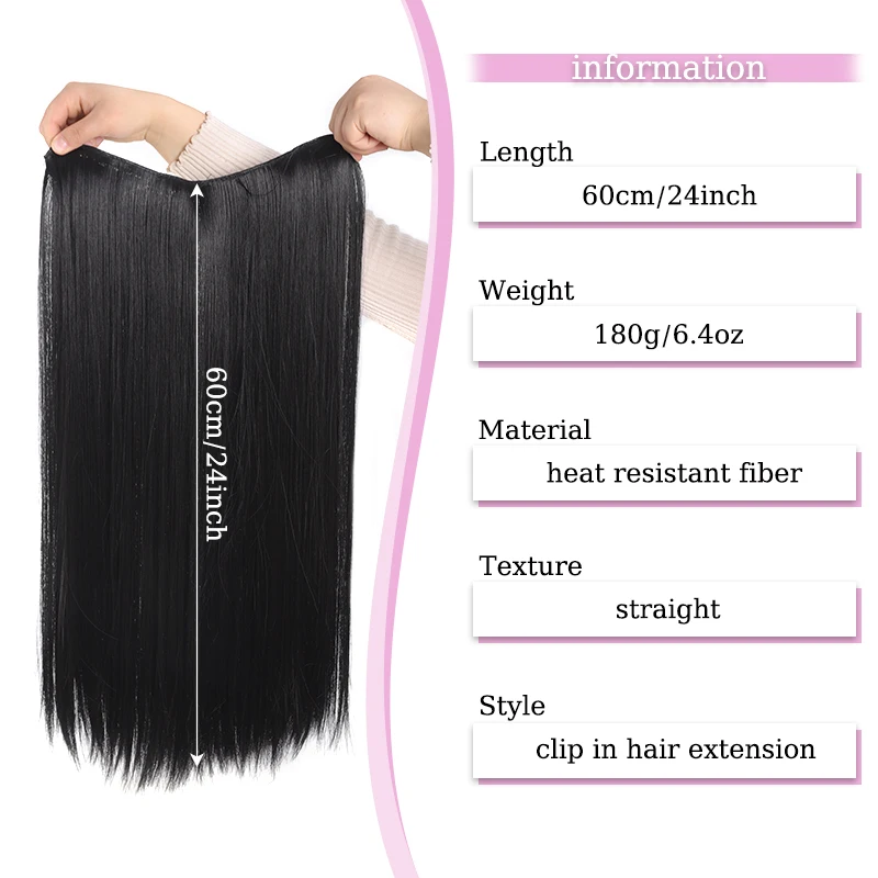 Black Hair Extensions Wig Straight 4 Clips in Hair Extensions Hairpiece Synthetic Fluffy Hair for Women All Occasions Use 24inch