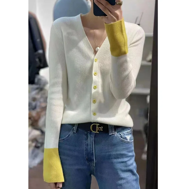 

Женский шерстяной вязаный кардиган, Свободный Тонкий кашемировый свитер с V-образным вырезом и рукавами-фонариками в западном стиле, весна-осень