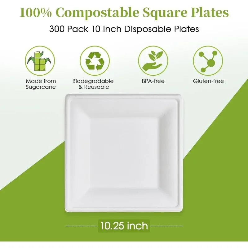 Square Paper Plates, 300 Pack Compostable Heavy Duty Biodegradable Paper Plates, Made from Sugarcane, Eco Friendly White
