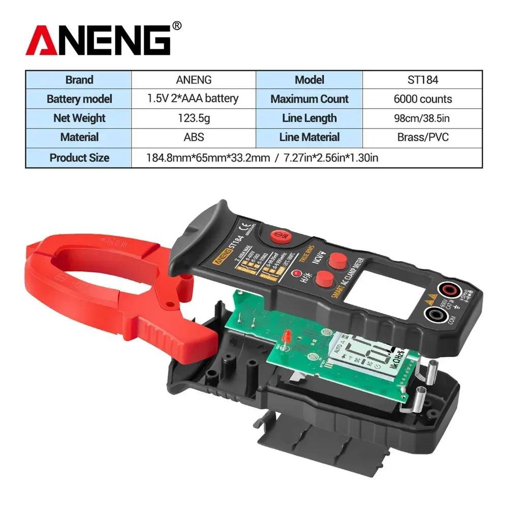Digital Multimeter ANENG Clamp Meter Multimeter Digital AC/DC Voltage Current Tester Hz Capacitance Ohm Temperature True RMS 6000 Counts Test ST184