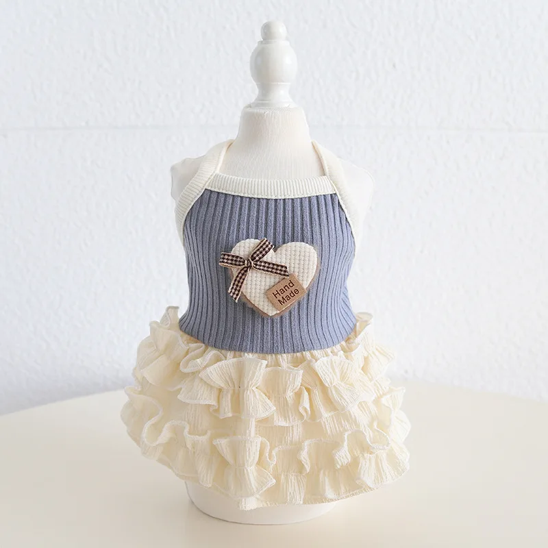 Ins Style Dog Spring & Summer Dress Elegant Heart Patterned Puffy Cupcake Skirt, For Small Dog Party And Walks