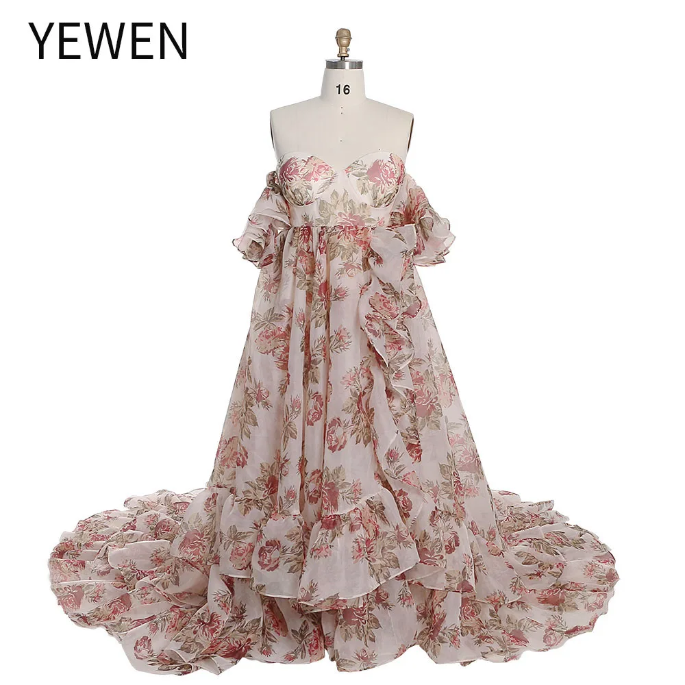 

New Print Floral Silk Soft Organza Off Shoulder Evening Wedding Party Dress Photo Shoot Dress YW230323