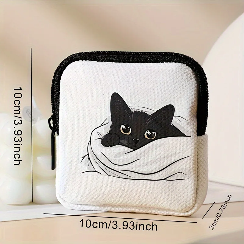 Black cat printed coin purse with synthetic leather zipper storage bag, multifunctional mini headphone bag