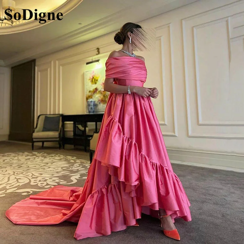 

SoDigne Pink Taffeta Prom Dresses 2022 One Shoulder Tiered Evening Party Dresses Arabic Women Formal Prom Gowns