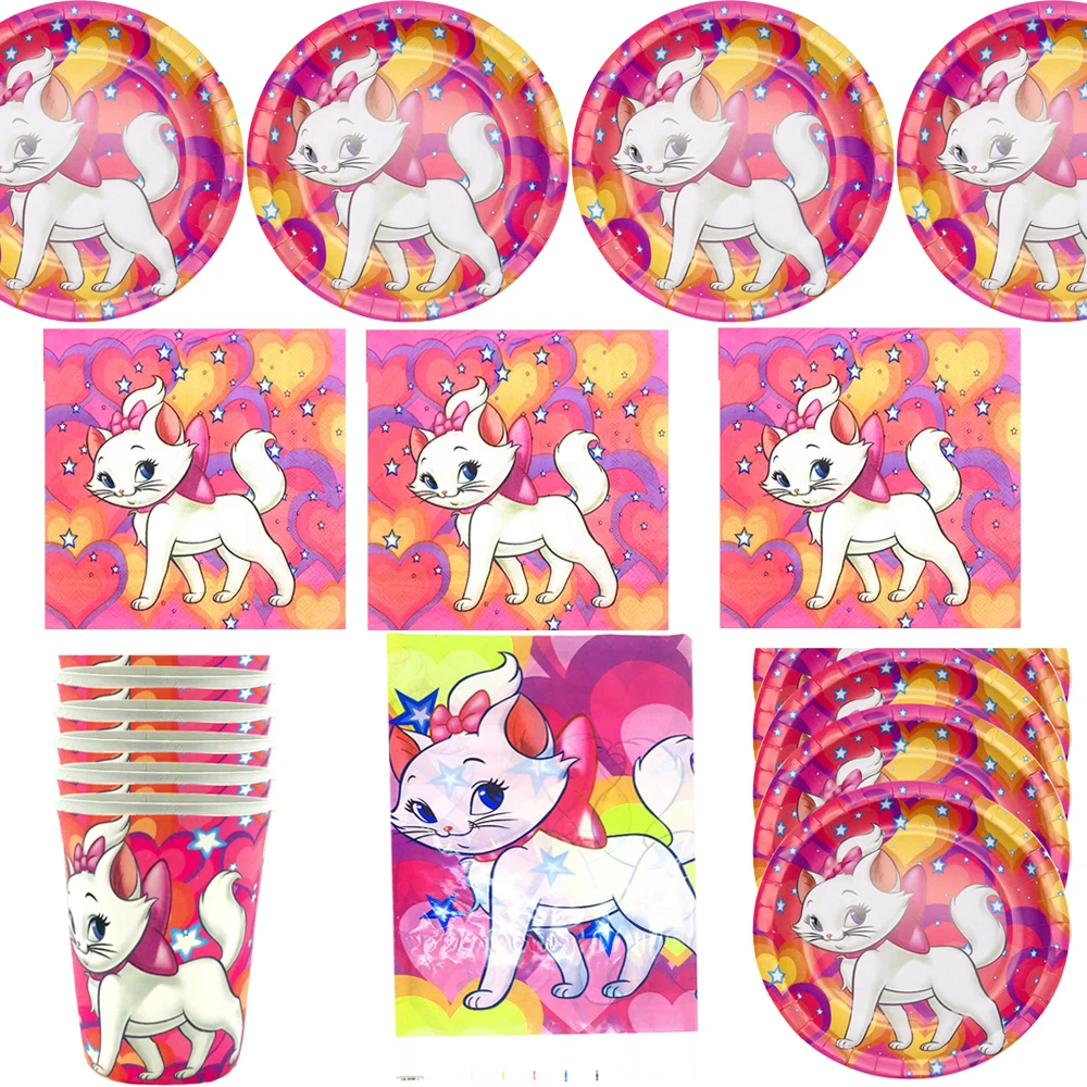 

61pcs/lot Aristocats Marie Cat Theme Tablecloth Birthday Party Paper Napkins Plates Cups Dishes Decoration Tableware Set