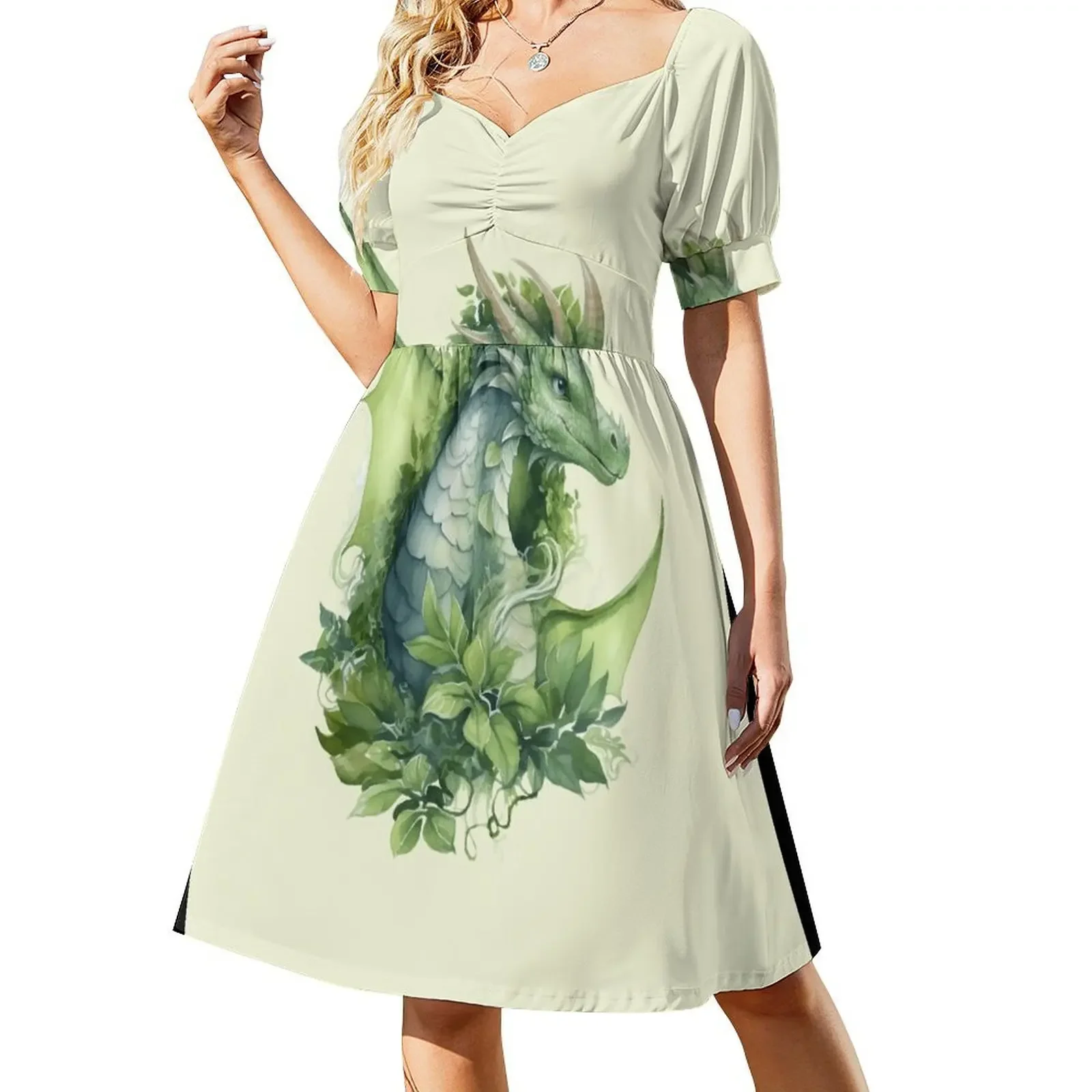 thumbnail image 1 of Vestido sin mangas con diseño de dragón del bosque verde mágico para mujer, vestido de dama de honor para mujer., 1 of 8