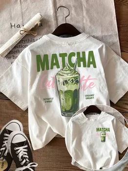 Matcha Latte Retro Iced Coffee Graphic T-Shirt, Coffee Lover Aesthetic Print Loose Crew Neck Short Sleeve Casual Daily Top 1