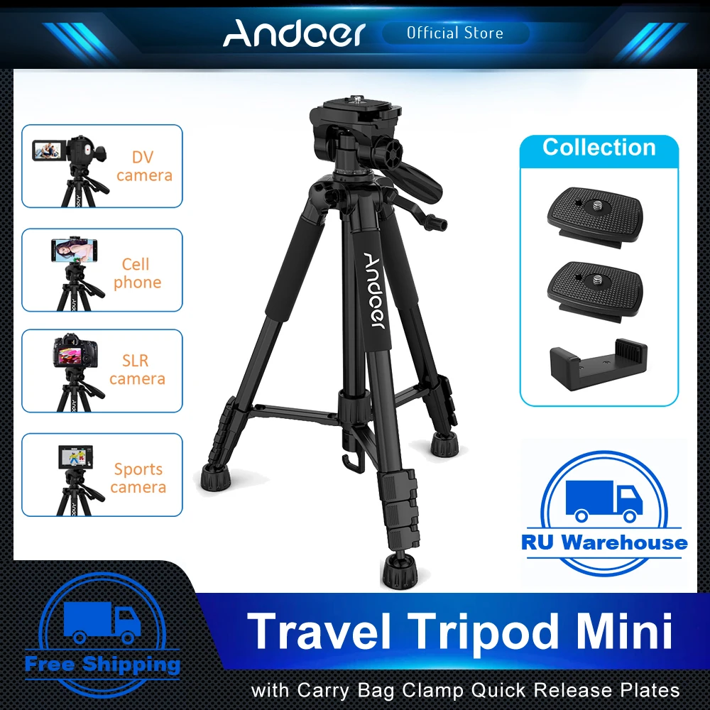 Andoer 카메라 사진 비디오 촬영용 여행 삼각대, DSLR SLR 캠코더, 휴대 가방, 전화 클램프 포함